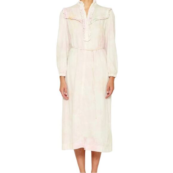 Raquel Allegra Luna Ruffle Midi Dress Large Tie Dye Pink Victorian Ruffle Collar - Picture 1 of 16